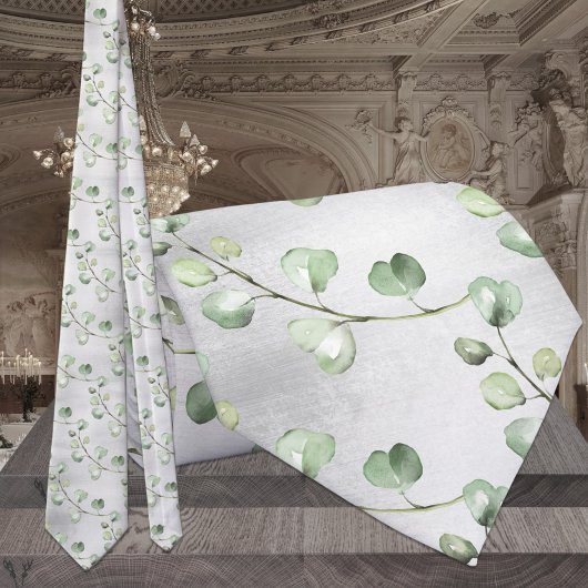 Cravate Mariage élégant gris et verdure d'eucalyptus