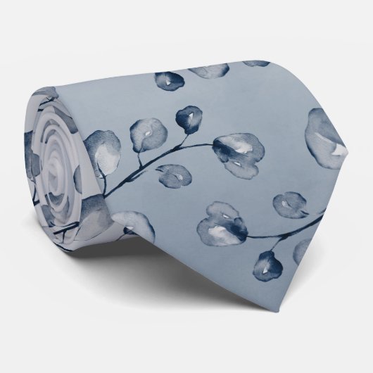 Cravate Mariage élégant Navy & Dusty Blue Eucalyptus (Roulé)