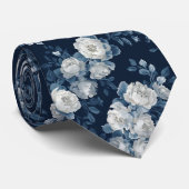 Cravate Mariage en cascade de pivoines blanches et bleues  (Roulé)