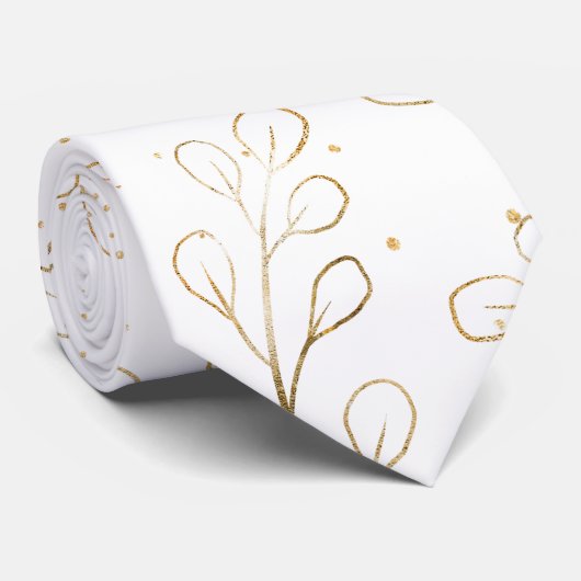 Cravate Mariage Eucalyptus Blanc Pur & Contour Doré (Roulé)