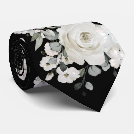 Cravate Mariage Eucalyptus noir et blanc (Roulé)