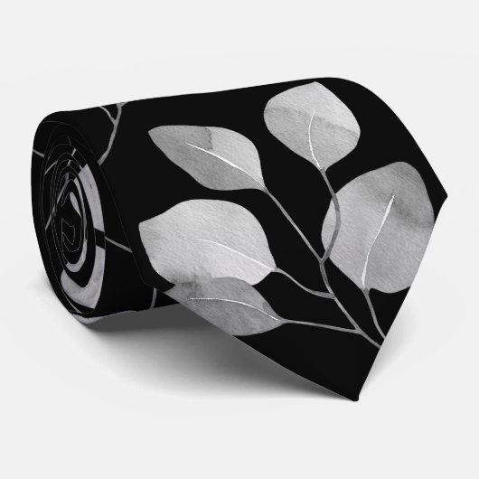 Cravate Mariage Eucalyptus noir et blanc en argent (Roulé)