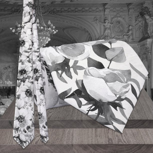 Cravate Mariage Fleurs d'anémones noires et blanches d'euc