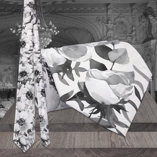 Cravate Mariage Fleurs d'anémones noires et blanches d'euc