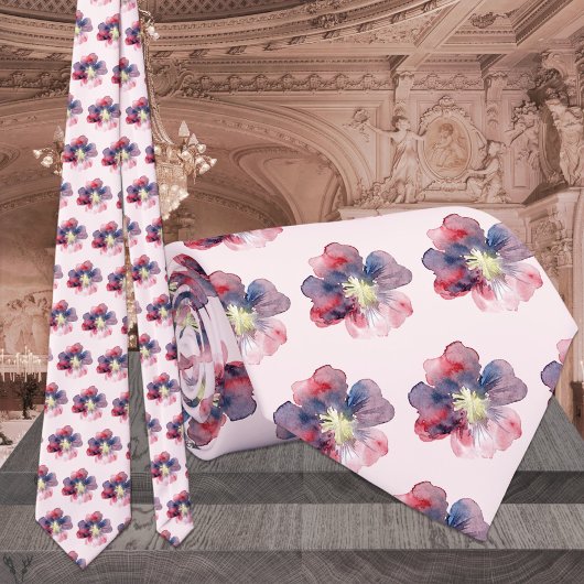 Cravate Mariage Floral Aquarelle Rose et Nuit