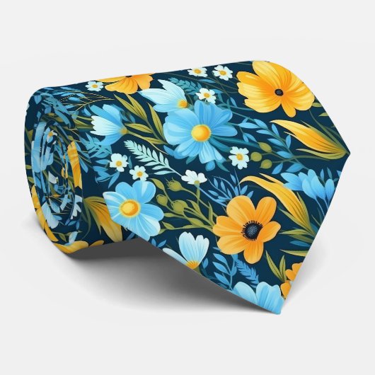 Cravate Mariage Floral Bleu Marine (Roulé)