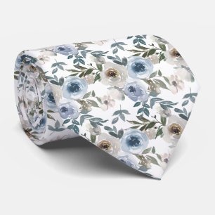 Cravate Mariage floral bleu poussiéreux à l'aquarelle