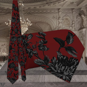 Cravate Mariage Floral Bourgogne Rouge Foncé & Noir