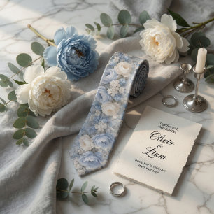 Cravate Mariage Floral Pivoine Bleu Poussiéreux