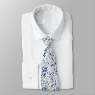 Cravate Mariage Floral Toile Bleu Blanc des Hommes d'Honne