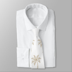 Cravate Mariage Fond Blanc Palmier Tropical Or