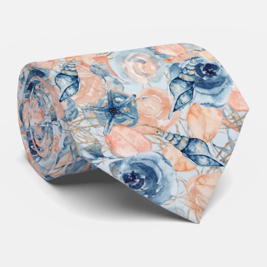 Cravate Mariage nautique Plage Sea Shell Fleurs Bleu (Roulé)