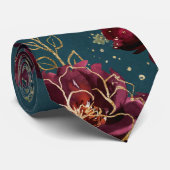 Cravate Mariage Teal Bordeaux Tons de Joaillerie Or (Roulé)