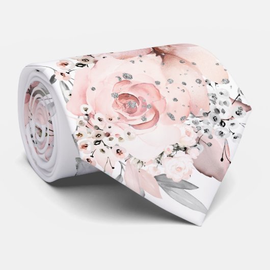 Cravate Mariage vert argenté blanc pâle rose (Roulé)