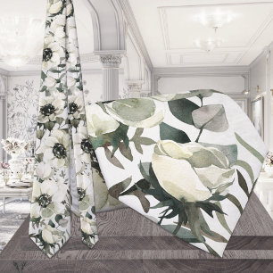 Cravate Mariage vert Eucalyptus aux anémones blancs crémeu