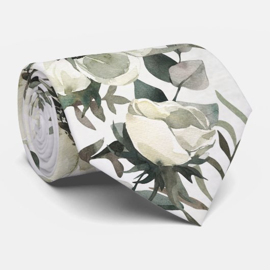 Cravate Mariage vert Eucalyptus aux anémones blancs crémeu (Roulé)