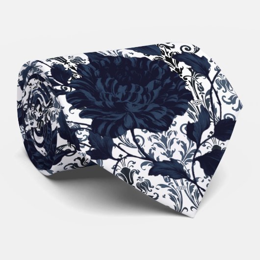 Cravate Marine bleu & blanc Floral Damask Aristocrat Maria (Roulé)