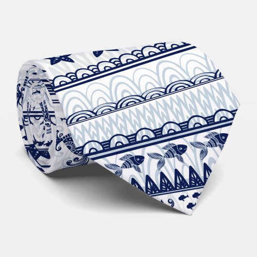 Cravate Marine Bleu Boho Style Océan Motif (Roulé)