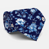 Cravate Marine Blue Porcelain Floral Mariage Groomsmen Cad (Roulé)