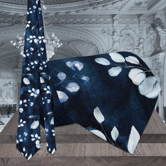 Cravate Marine et Dusty Blue Eucalyptus Mariage de verdure