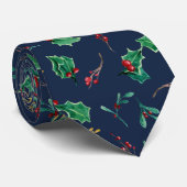 Cravate Marine Noël Holly Berry Foliage Gold Green (Roulé)