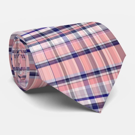 Cravate Marine Rose Bleu Blanc Preppy Madras Plaid (Roulé)