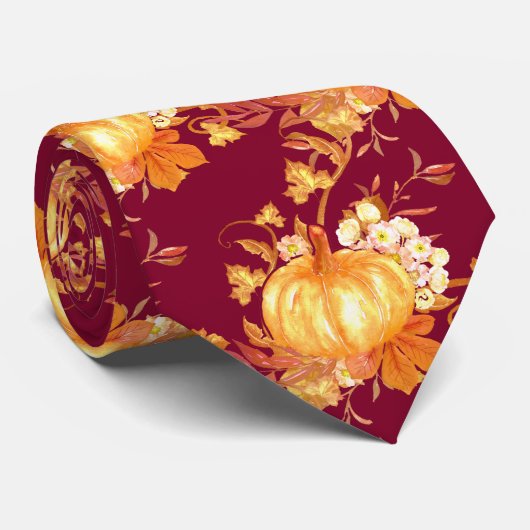 Cravate Maroon Thanksgiving Citrouille Motif Feuille (Roulé)