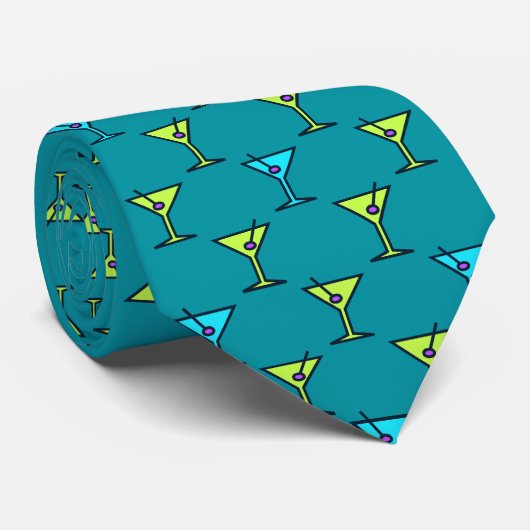 Cravate Martini Time Fifties Cocktail Turquoise à deux côt (Roulé)