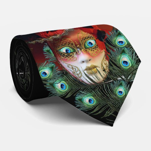 CRAVATE MASQUE ROUGE AVEC PEACOCK FEATHERS MASQUERADE PART (Roulé)