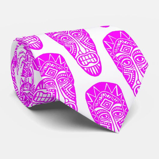 Cravate Masques Tiki - Magenta en blanc (Roulé)