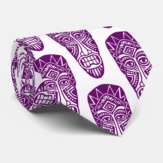 Cravate Masques Tiki - Plum sur blanc (Roulé)