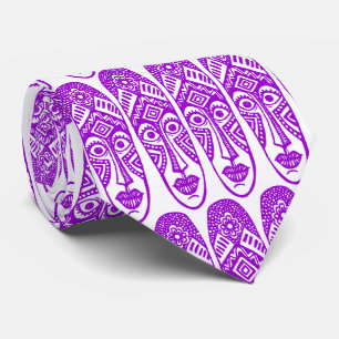 Cravate Masques Tiki surpris - violet sur blanc
