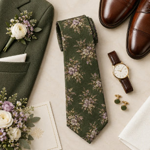 Cravate Mauve Poussiéreux Fleur Florale sur Vert de Mousse