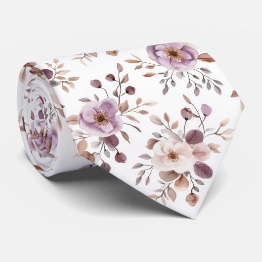 Cravate Mauve Violet Beige Floral Mariage Garçon d'Honneur (Roulé)