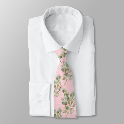 CRAVATE MENUS BOTANIQUES ROSE PASTEL VERT SAGE (Attaché)