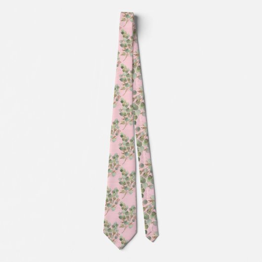 CRAVATE MENUS BOTANIQUES ROSE PASTEL VERT SAGE (Devant)