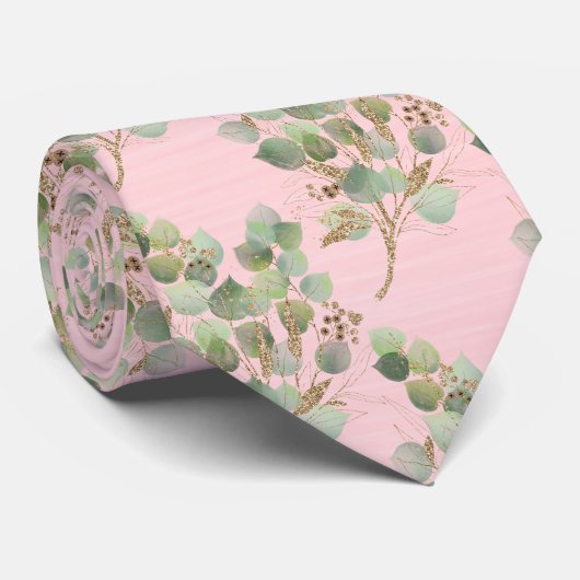 CRAVATE MENUS BOTANIQUES ROSE PASTEL VERT SAGE (Roulé)