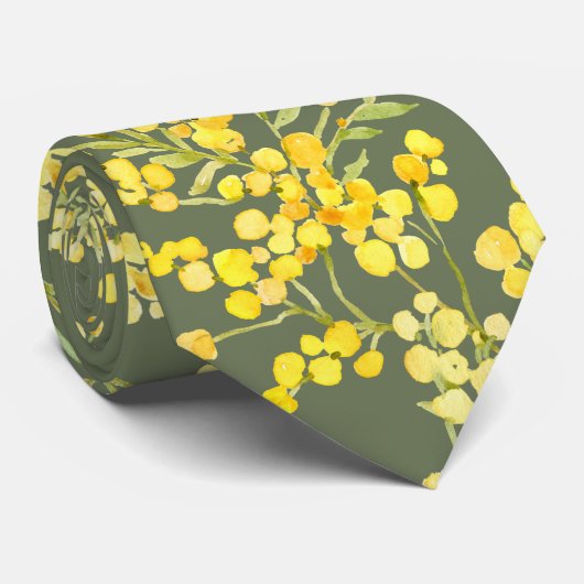 Cravate Mimosa jaune fleurs sur vert foncé (Roulé)