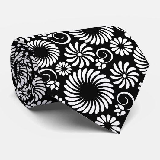 Cravate Minimalist Black White Folk Flower Spirals Pattern (Roulé)