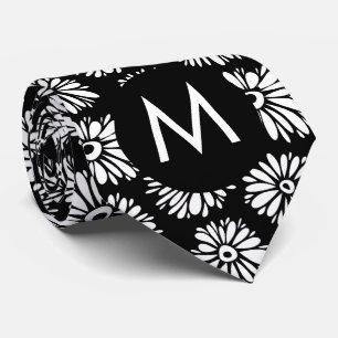 Cravate Minimaliste Groovy Monogramme Fleur de Daisy Noir