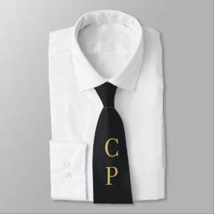 Cravate Minimaliste Moderne Noir & Or Monogrammé