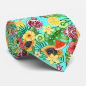 Cravate Mix-fruit tropical, fleurs et feuilles en bleu (Roulé)