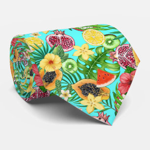 Cravate Mix-fruit tropical, fleurs et feuilles en bleu
