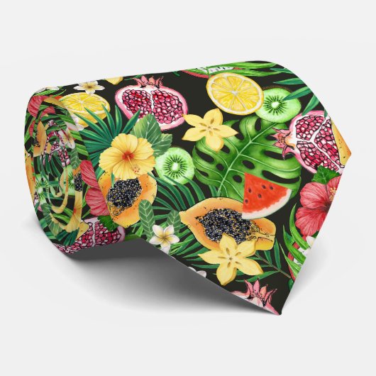 Cravate Mix-fruits tropicaux, fleurs et feuilles en noir (Roulé)