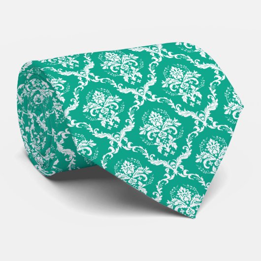 Cravate Modèle de Damas florales blanc et vert (Roulé)