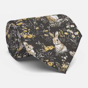 Cravate Modèle de toile florale de lapin Cottagecore noir