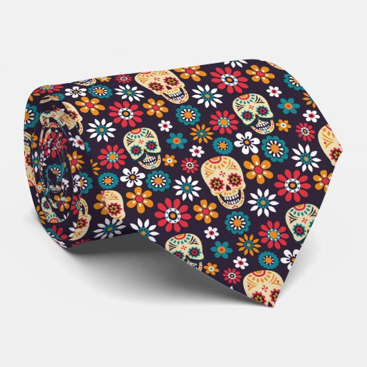 Cravate Modèle floral crâne rouge (Roulé)