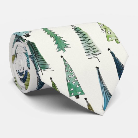 Cravate Modern Christmas Trees Illustrated Pattern (Roulé)