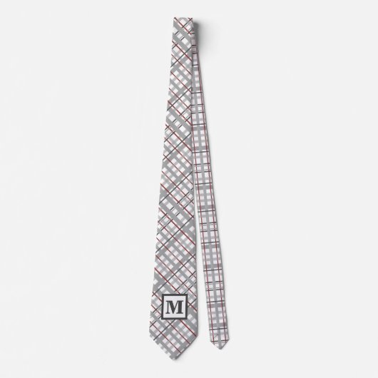 Cravate Moderne {laid argent gris rouge monogramme cadeau  (Devant)