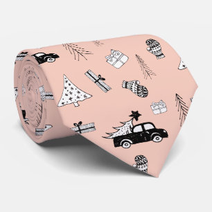 Cravate Moderne motif de Noël noir et blanc sur rose